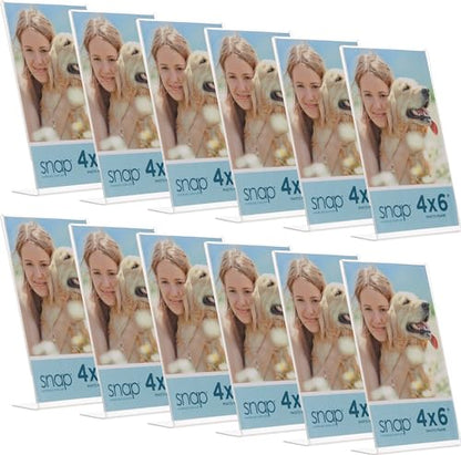 Set of 12 Snap - 4"x6" Clear Acrylic Self Standing Photo Frames - Perfect for Showcasing Memories in Style - Versatile and Durable Design for Home or Office Décor - Rectangular TableTop - Single Picture Frame