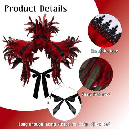 2Pcs Witch Feather Shawl Wrist Cuff for Women | Gothic Crow Shrug Shawl, for Halloween, Feather Costume Accessories - color: Red