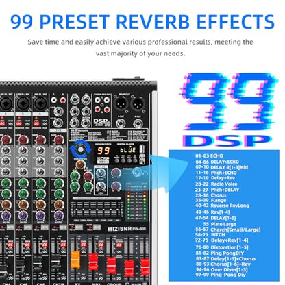8 Channel Audio Mixer Professional Sound Mixing Board with 99 DSP Effects, 7-band EQ Digital DJ Mixer Console w/USB Bluetooth MP3 for Recording, Independent 48V Power & Mute Button - size: 8 Channel - 13.8inch