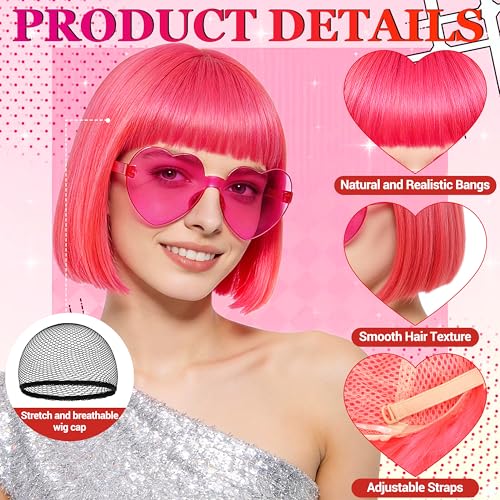 Short Bob Straight Hair Wigs with Bangs, Heat Resistant Fiber Hair, Heart-shaped Glasses for Women (Hot Pink) - color: Hot Pink