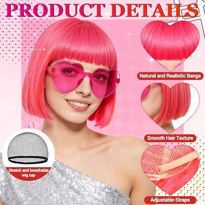 Short Bob Straight Hair Wigs with Bangs, Heat Resistant Fiber Hair, Heart-shaped Glasses for Women (Hot Pink) - color: Hot Pink