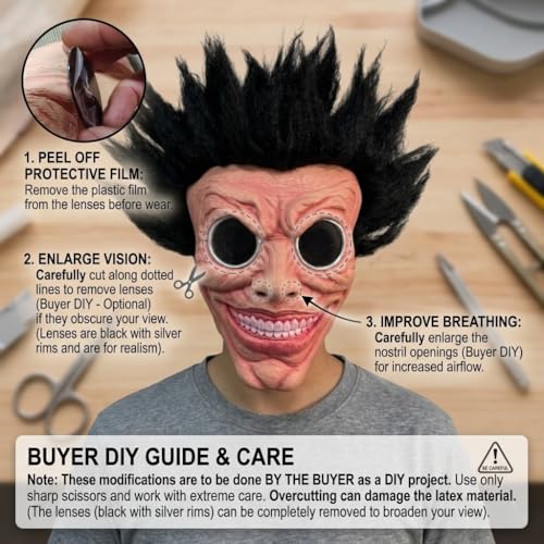 Latex Monster Mask with Black Spiky Hair, Creepy Smile Face Mask for Halloween Cosplay Party and Masquerade, Adult Size