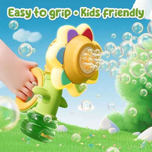 Sunflower Bubble Machine for Kids, 25,000+ Bubbles, 3 Modes, LED Lights | Handheld Automatic Bubble Maker for Toddlers Ages 3+, Outdoor Summer Play, Birthday Party Favor and Gift for Girls and Boys. - style: Yellow