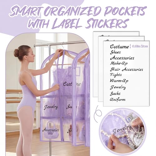 Nuenen 3 Pack Dance Garment Bags for Costumes Clear Dance Recital Organizer with Pockets & Labels, 40 Inch PVC Hanging Costume Bag for Competition Travel, Garment Bag with Compartments(Purple) - color: Purple