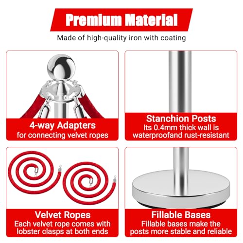 8 Pack Crowd Control Stanchions with Velvet Ropes for Wedding Hotel Party | 8 stainless steel posts + 4 velvet ropes. Sand/water-fillable bases for stability. Perfect for weddings, hotels, galas. - size: 8 Pack