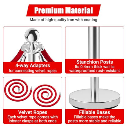 Stainless Steel Stanchion Post Queue,5 ft Red Velvet Rope Red Carpet Ropes and Poles Crowd Control Barriers,Sand Injection Hollow Base and Velvet Ropes Set for Party Supplies,4 PCS