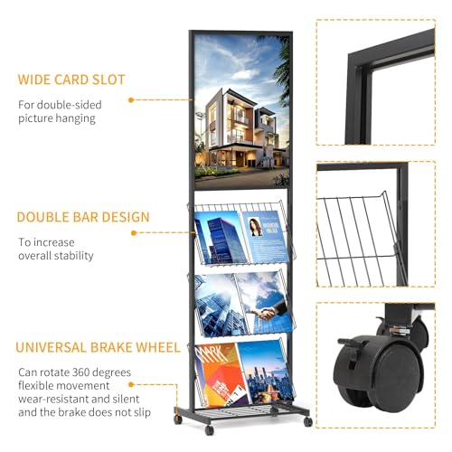 lesolar 4-Tier Floor-Standing Magazine Rack with Poster Board Stand | Metal Magazine Rack with Wheels, Newspaper Holder, Brochure Display Stand, Poster Sign Holder for Exhibitions Store Business