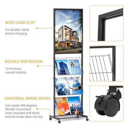 lesolar 4-Tier Floor-Standing Magazine Rack with Poster Board Stand | Metal Magazine Rack with Wheels, Newspaper Holder, Brochure Display Stand, Poster Sign Holder for Exhibitions Store Business