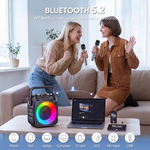 Karaoke Machine with 4 Wireless Microphones for Adults and Kids | Bluetooth Speaker, 5 Light Modes, PA System, TWS Stereo Pairing, USB/TF/REC/FM/AUX, 6-8H Playtime for Home Party and Outdoor - size: 4 Mics