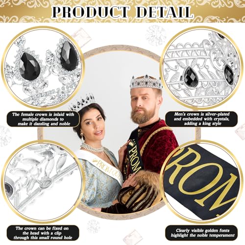4 Pcs Prom King Queen Crowns Gold, M, Black Diamond | Gold Tiaras with AB Diamond Stones, Sashes Included, Royalty Crowns for Homecoming Birthday Halloween Wedding Party Costume - color: Black Diamond