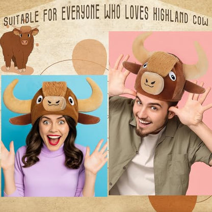 Highland Cow Head Plush Hat for Women Highland Cow Gift | Soft Plush Headwear with Horns, Ears, Halloween Themed Parties, Dress up Accessories, Photo Booth Fun, Unique Gift Idea