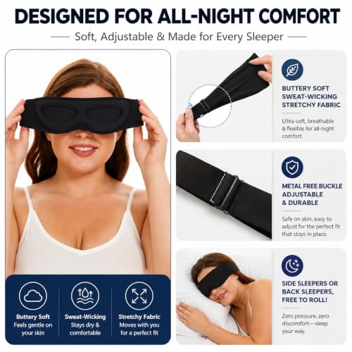 ALASKA BEAR Sleep Mask for Side Sleepers Patented Design, Cup-Shaped and Extra-Soft, 100 Blackout Eye Mask Shades Cover for Men and Women Home or Travel, Machine Washable, Black - color: A2 Black