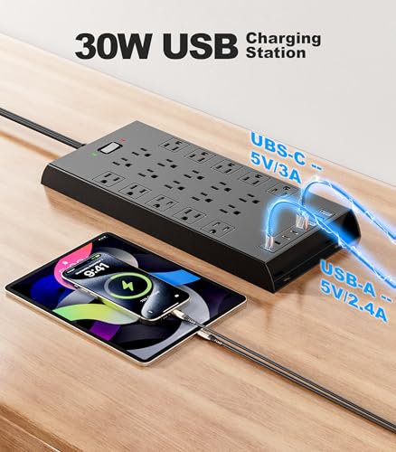 Surge Protector Power Strip 4800J, LeZone 10Ft Long Extension Cord Flat Plug, 20 Outlets 4 USB-A 4 USB-C Ports, Wall Mountable, Home Office Dorm Essentials, Black - size: 10FT, style: 20AC+8USB(1-Side)