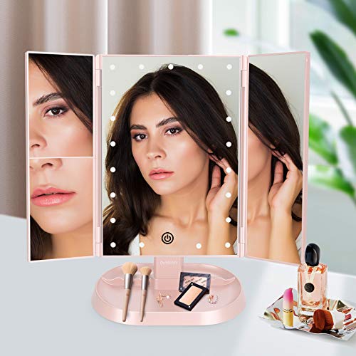 deweisn Trifold Lighted Vanity Makeup Mirror with 21 LED Lights,1x/2x/3x Magnification and Touch Screen Dimming,Two Power Supplies Makeup Mirror, Gift for Women - color: Pink