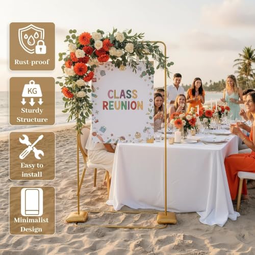 Wedding Welcome Sign Stand, Adjustable 50/68 Inch Metal Sign Holder, Gold | Overall size 68 x 31 x 20 in; ideal for seating charts, bridal showers, baby showers, graduations and ceremony entrances.