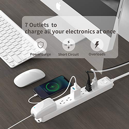 NTONPOWER 7 Outlets Surge Protector Power Strip, Flat Plug, 15 A Circuit Breaker, 5ft Heavy Duty Cord Wall Mount Right Angle Plug for Home Theater Office, White, 1080 Joules - size: 5 ft