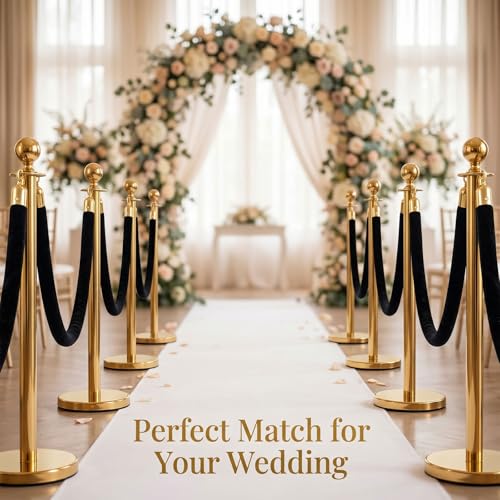 6-Pack Black Velvet Stanchion Ropes, 5ft Crowd Control Barrier with Gold Hooks for Events, Parties, Weddings, Hotels, Movie Theaters, Red Carpet Openings