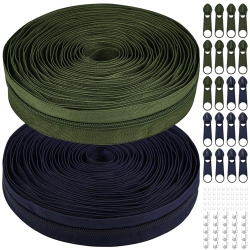DOITEM The Yards 10 Yards Bulk Zipper - (#5) Zippers, Nylon Coil with 20PCS Sliders for DIY Sewing Bags - color: Army Green and Navy Blue