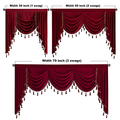 StangH Christmas Red Waterfall Velvet Curtain Valances W79 inches, 1 Panel | Luxury Waterfall Swag Valances, Room Darkening Privacy Window Drapes for Theater, Living Dining Room, Media - color: Red, size: 79"W x 40"L (Pack of 1)