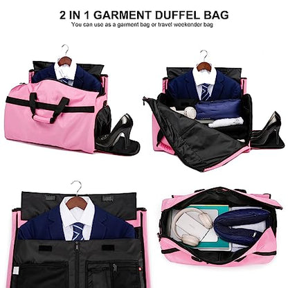 Carry On Garment Bag for Women, Durable Garment Duffle Bag for Travel with Shoes Compartment, Convertible & Foldable 2 in 1 Hanging Dress Weekender Suitcase Suit Travel Bag, Gifts for Women, Pink - color: Pink