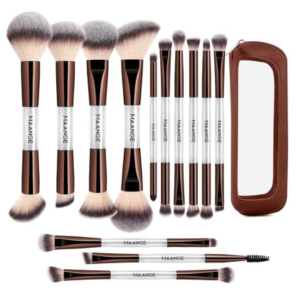 MAANGE 13 Pcs Foundation Makeup Brush Set With Bag, Make up Brushes, Double-End Multi Functional Makeup Brushes, Professional Face Brush Set Tools For Liquid Powder Concealer Cream Blush (White) - color: White