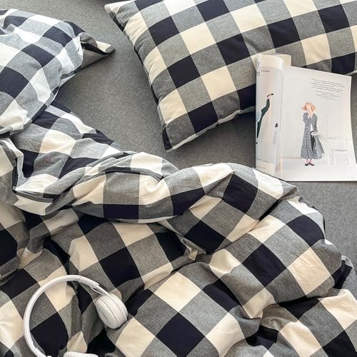FACE TWO FACE Bedding Duvet Cover Set100% Washed Cotton Duvet Cover Linen Like Textured Breathable Durable Soft Comfy (Queen, Black and White Grid) - color: Black and White Grid, size: Queen