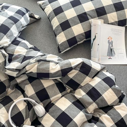 FACE TWO FACE Bedding Duvet Cover Set100% Washed Cotton Duvet Cover Linen Like Textured Breathable Durable Soft Comfy (Queen, Black and White Grid) - color: Black and White Grid, size: Queen