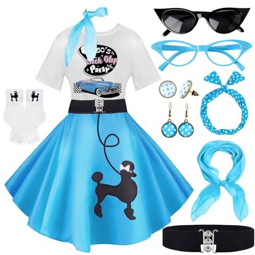 1950s Poodle Skirt Outfit Women 50s Sock Hop Costume T Shirt Accessories - color: Blue-sockhop, size: X-Large