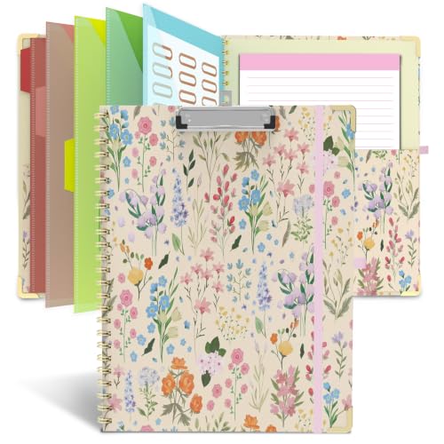 Clipboard Folio with Storage 8.5 X 11 Padfolio Notebook, Clipboards with Notepad Spiral with 10 Pockets and 5 Folders Nursing Teacher School Essentials (Yellow Florals) - color: Yellow Florals