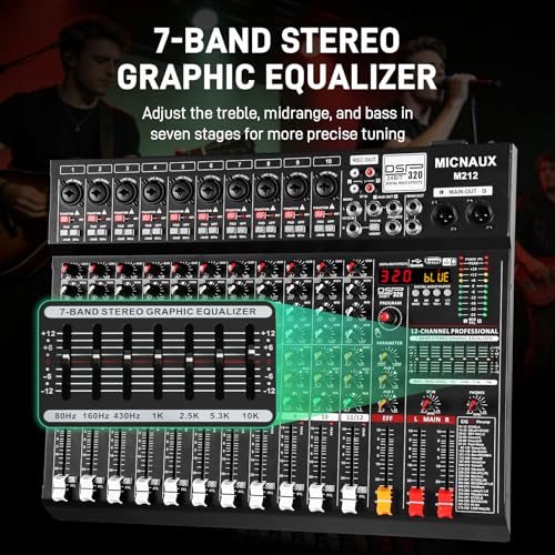 Audio Mixer 12 Channel Professional Sound Console Music Mixer with 320 DSP Effects, 7-band EQ DJ Mixing Board w/USB, Bluetooth, 48V Power Supply, PAD Button for Recording Karaoke PA Drum Live - size: 12 Channel - 17.4in