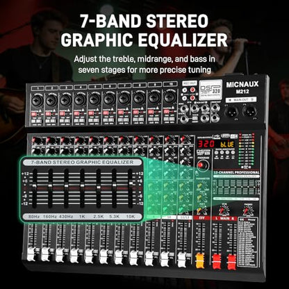 Audio Mixer 12 Channel Professional Sound Console Music Mixer with 320 DSP Effects, 7-band EQ DJ Mixing Board w/USB, Bluetooth, 48V Power Supply, PAD Button for Recording Karaoke PA Drum Live - size: 12 Channel - 17.4in