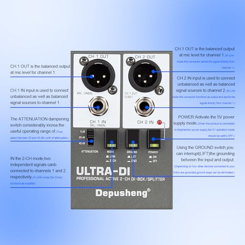 Depusheng Ultra-DI Di2 Professional Active 2-Channel DI-Box/Splitter w/Input Attenuator to Connect Guitar & Bass,Connector to Balanced & Unbalanced，Support 48V power supply