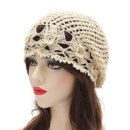 ZLYC Women Cotton Crochet Slouchy Beanie Hat Handmade Knit Summer Skull Cap | Lightweight breathable,boho casual chic look,travel photos festival party,café commute daily wear,beach concert gathering - color: Flowers Beige