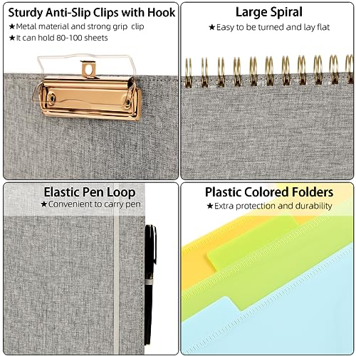 Ospelelf Foldable Spiral Clipboard Folio with Storage Zipper Pouch, 5 Plastic Folders with 10 Pockets,Refillable Lined Notepad (11" x 8.5"), Hardcover Project Organizer with 39 Stickers (Grey) - color: Gray