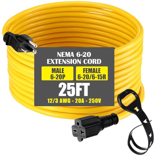 25 ft Nema 6-20 Extension Cord, Nema 6-20p Male Plug to 6-20r/6-15r Female Receptacle, 20 Amp T-Blade Outlet Extension Power Cord with Waterproof Sockets, Heavy Duty 12/3 Awg, 250v, 5000w - size: 25 ft