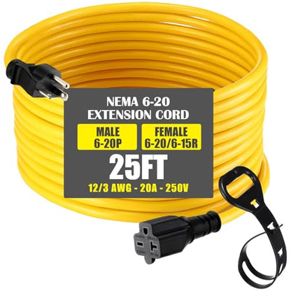 25 ft Nema 6-20 Extension Cord, Nema 6-20p Male Plug to 6-20r/6-15r Female Receptacle, 20 Amp T-Blade Outlet Extension Power Cord with Waterproof Sockets, Heavy Duty 12/3 Awg, 250v, 5000w - size: 25 ft