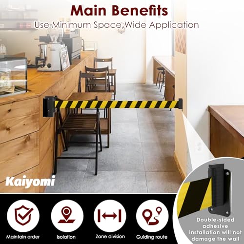 kaiyomi 11 Feet Retractable Belt Barriers Wall Mount (Black & Yellow Belt) | Crowd Control Barriers with Black Steel Case, Stainless Steel Spring Expansion Belts - color: Black and Yellow, size: 11 Feet Upgraded