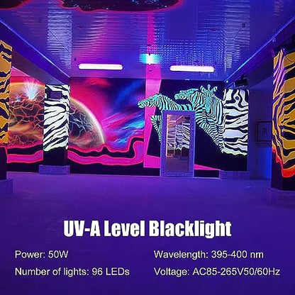 50W 1.4Ft UV-A LED Black Light Bars with 59in Plug+Switch+Stand(1 Pack) | 96LED, IP66 Waterproof, 395-405nm, Adjustable Angle, for Fluorescent Poster/Body Paint/Bedroom/Uranium Glass/Xmas/Glow Party - color: 1 Pack
