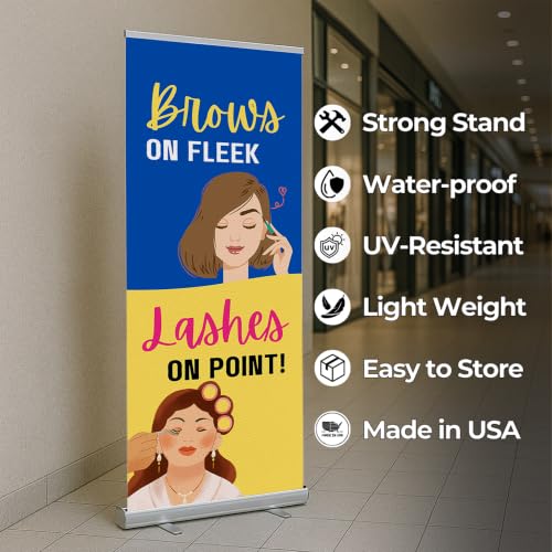 Lashes & Brows Retractable Stand Banner by DC | 33"x81" Roll-Up Display | Brows on Fleek Lashes on Point Vertical Pull-Up Banner for Trade Shows & Events | Made in USA | (Stand Not Included) - color: Brows on Fleek Lashes on Point, size: Retractable Banne