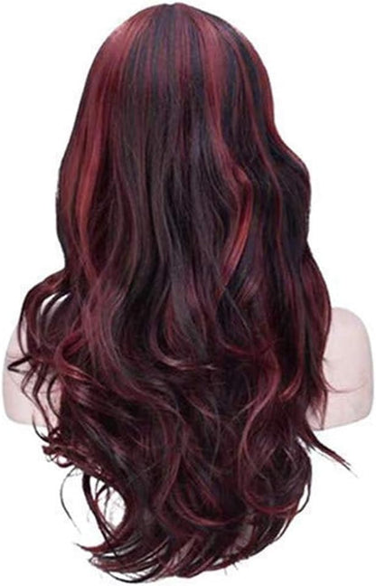 PORSMEER Black and Red Long Curly Wavy Wigs for Women Girls for Cosplay Party Halloween Fancy Dress Costume Heat Resistant Synthetic Hair with Fringe - color: Black mixed Red