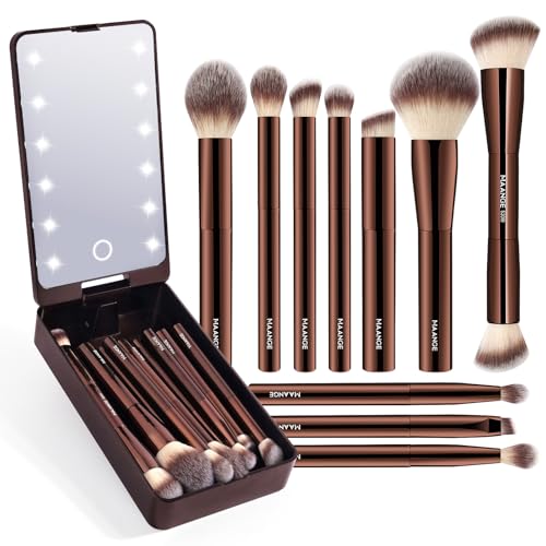MAANGE Makeup Brush Set 10 Pcs Travel Makeup Brushes Double-ended Kabuki Brush for Foundation Powder Concealers Eye Shadows Makeup Tools Set with LED Light Mirror (Coffee Brown) - color: Coffee Brown