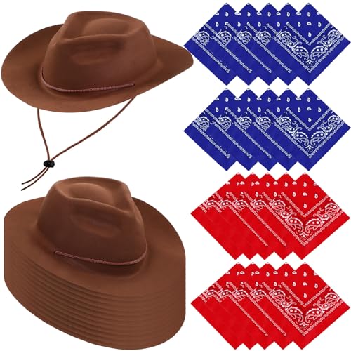 Hillban 48 Pack Cowboy Hats and Bandanas Set, Felt Plastic Cowgirl Hats for Women Men Cowboy Western Party Supplies(Brown, Red, Blue) - color: Brown, Red, Blue