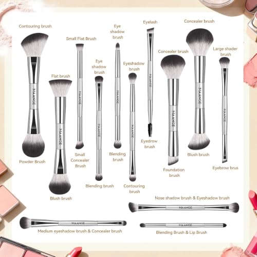 MAANGE 13 Pcs Foundation Makeup Brush Set With Bag, Make up Brushes, Double-End Multi Functional Makeup Brushes, Professional Face Brush Set Tools For Liquid Powder Concealer Cream Blush (Silver) - color: Silver