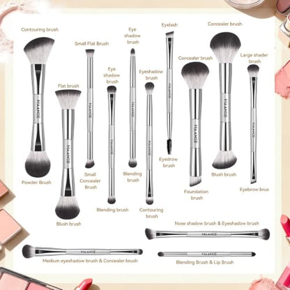 MAANGE 13 Pcs Foundation Makeup Brush Set With Bag, Make up Brushes, Double-End Multi Functional Makeup Brushes, Professional Face Brush Set Tools For Liquid Powder Concealer Cream Blush (Silver) - color: Silver