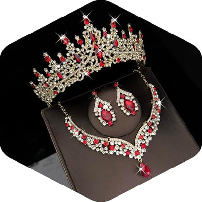 Tiaras Crowns for Women,Wedding Jewelry Set, Tiaras Necklace Earrings Crystal Bridal Wedding Jewelry Sets for Brides Bridesmaid Prom Costume Accessories - color: Gold Red