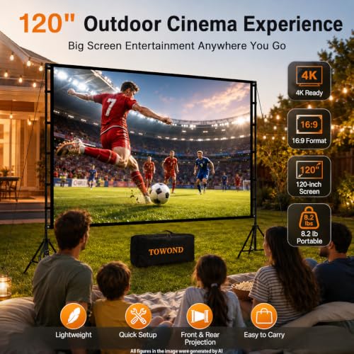 120 Inch Projector Screen with Stand for TOWOND Outdoor 4K Backyard Movies | Lightweight 19mm tripod, front/rear 16:9 screen and carry bag for backyard movie nights, camping and indoor use.