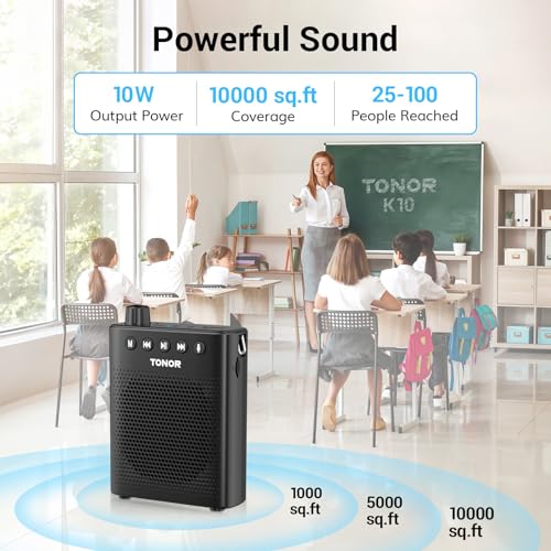 TONOR 교사를 위한 휴대용 음성 증폭기, 충전식 미니 Pa 시스템, 100cm/3ft 유선 헤드셋 마이크 및 허리 밴드, 교실, 훈련, 요가, 투어 가이드용 메가폰 스피커 K10
