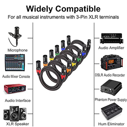 XLR Cables Braided for Microphone 6 Feet 6 Packs | Premium Color Coded, Anti-tangling, Balanced 3 Pin XLR Male to Female, Durable, Noise Reduction, 22 AWG - size: 6-Pack 6ft