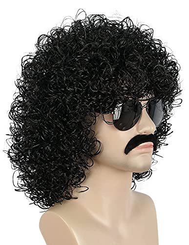 yuehong Black Curly Jumbo 70s81s Afro Wig Rocker Disco Wig with Mustache | Heat Resistant Synthetic Fibers Soft Durable Breathable Costume Hair