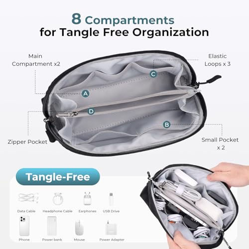 FYY Travel Cable Organizer - 8 Compartments, Lightweight, Water Repellent - color: Black, size: (M) 8.9"× 5.1"× 3.3"